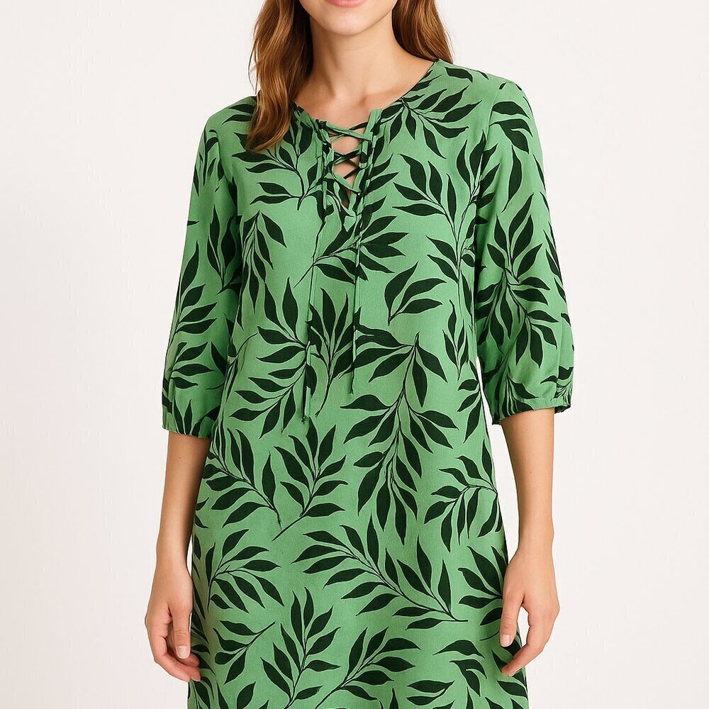 Who What Wear Green Leaf Print Linen Blend Mini Dress Size Medium